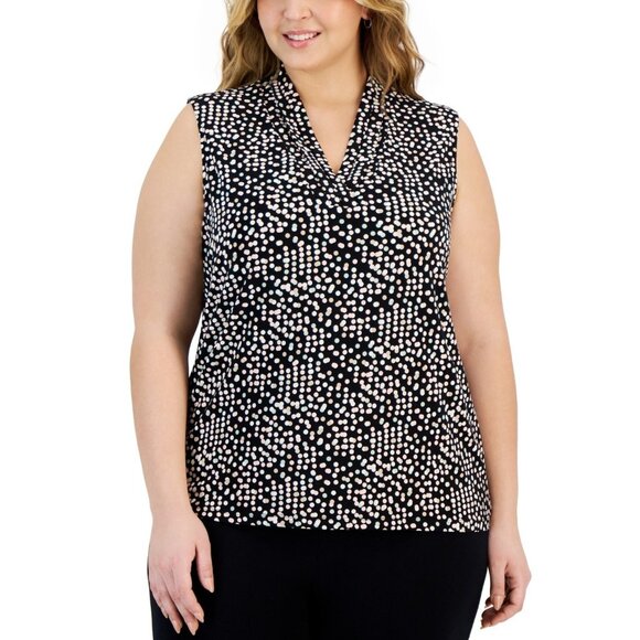 Anne Klein Plus Size 1X Printed Triple-Pleat Sleeveless Top Black MSRP $59 - Picture 1 of 1